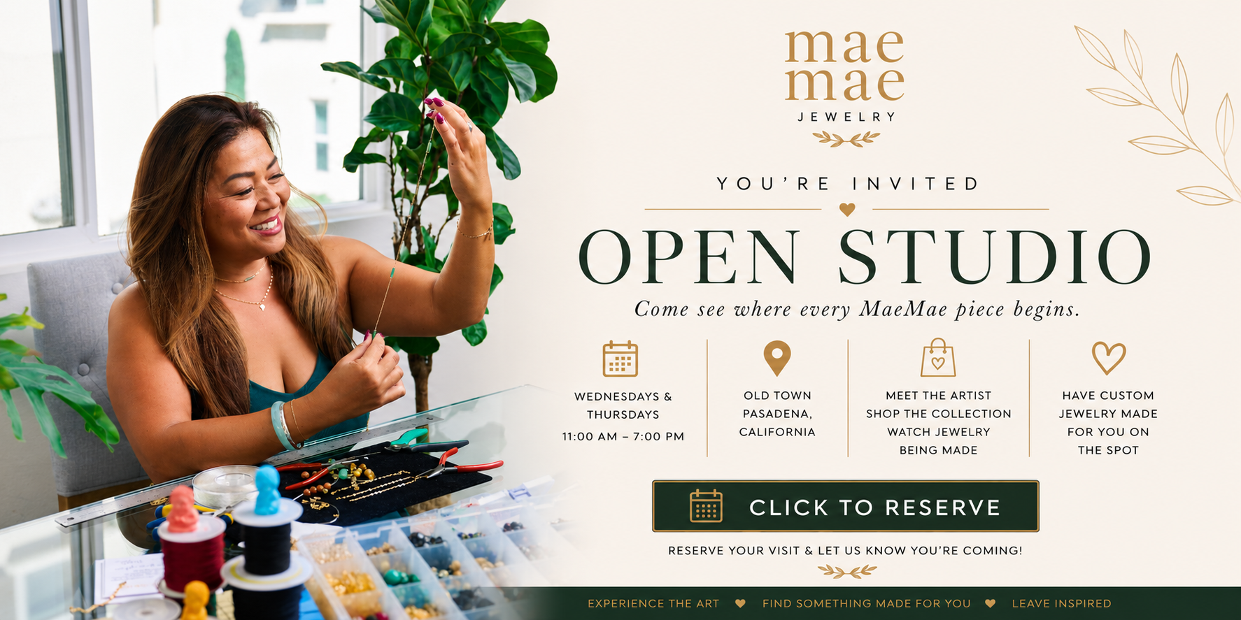 Promotional banner for Mae Mae Jewelry featuring a smiling woman painting indoors on the left, with large text inviting visitors to the open studio on the right. The design includes Mac Mac Jewelry branding, event details, and a 'Click to Reserve' button.