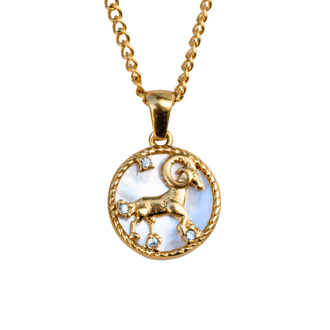 Close-up of an aries 18k gold zodiac necklace pendant on a delicate chain, representing a personalized astrological sign - MaeMae Jewelry