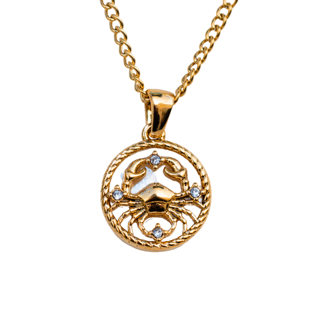 Close-up of a cancer 18k gold zodiac necklace pendant on a delicate chain, representing a personalized astrological sign - MaeMae Jewelry