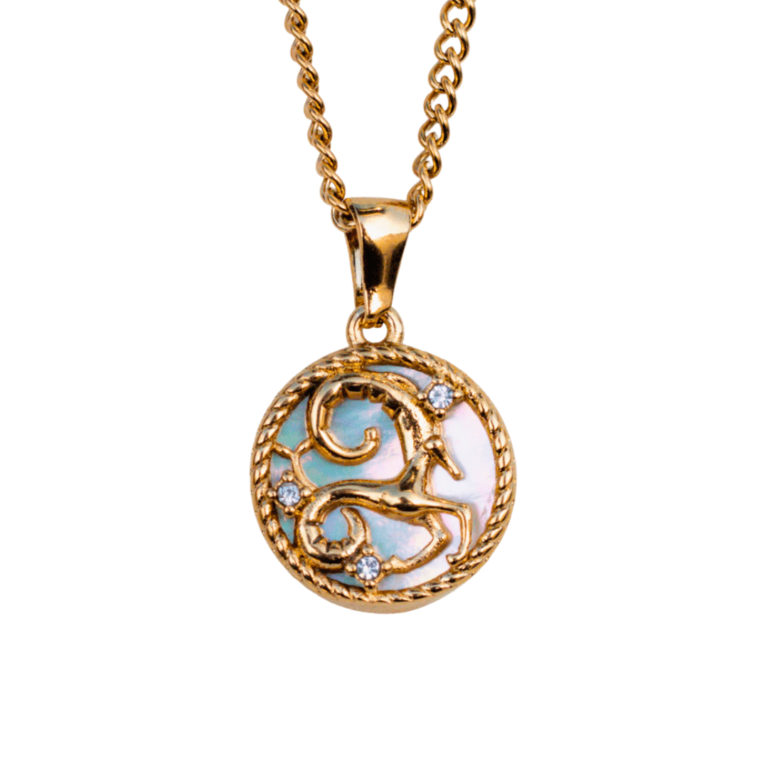 Close-up of a capricorn 18k gold zodiac necklace pendant on a delicate chain, representing a personalized astrological sign. - MaeMae Jewelry