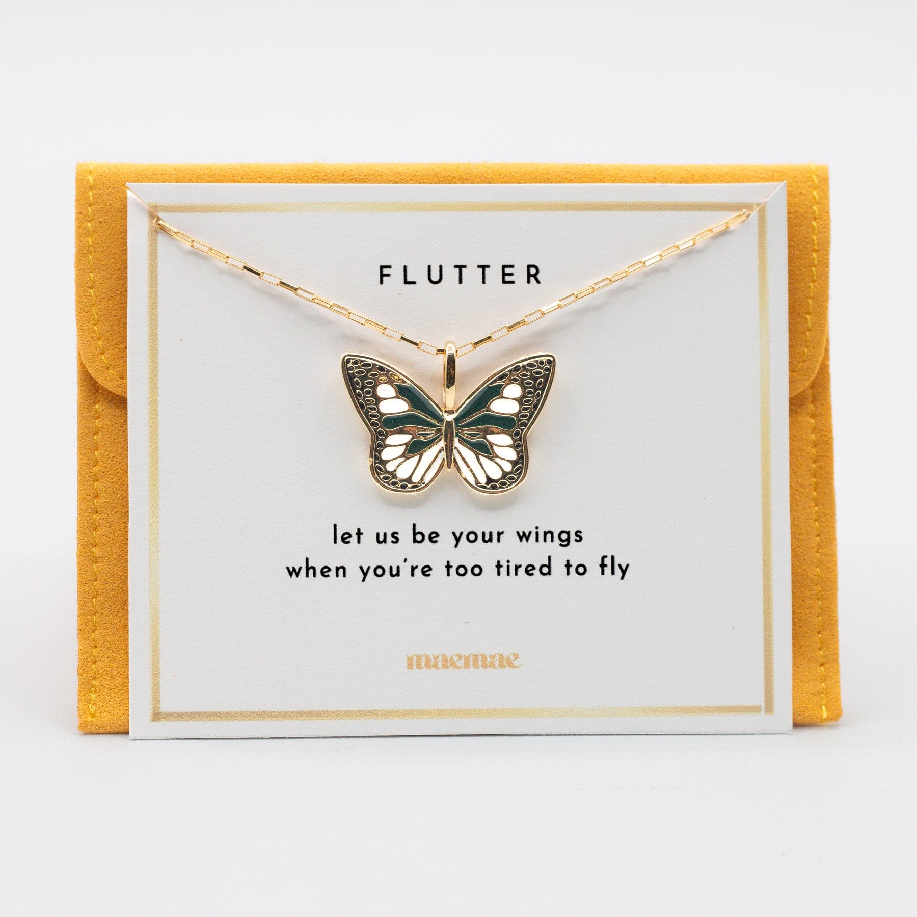 14K gold filled butterfly necklace displayed on a jewelry card with an inspirational quote.