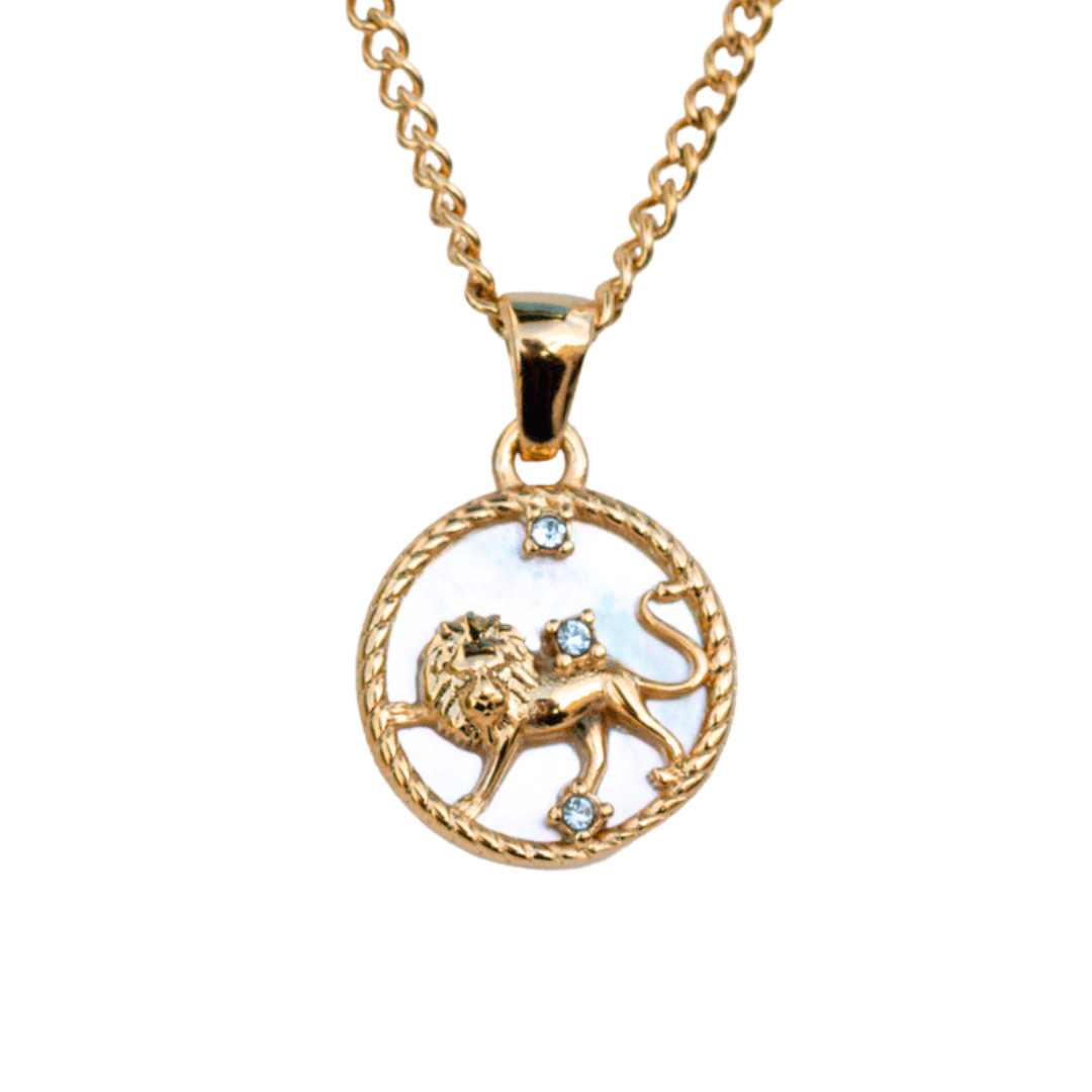 Close-up of a leo 18k gold zodiac necklace pendant on a delicate chain, representing a personalized astrological sign - MaeMae Jewelry