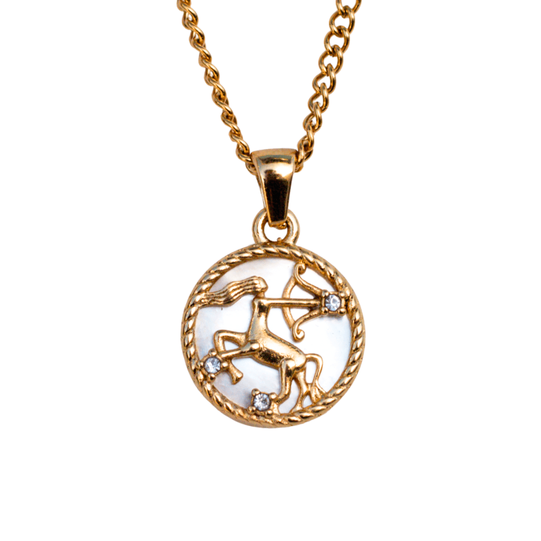 Close-up of a sagittarius 18k gold zodiac necklace pendant on a delicate chain, representing a personalized astrological sign - MaeMae Jewelry