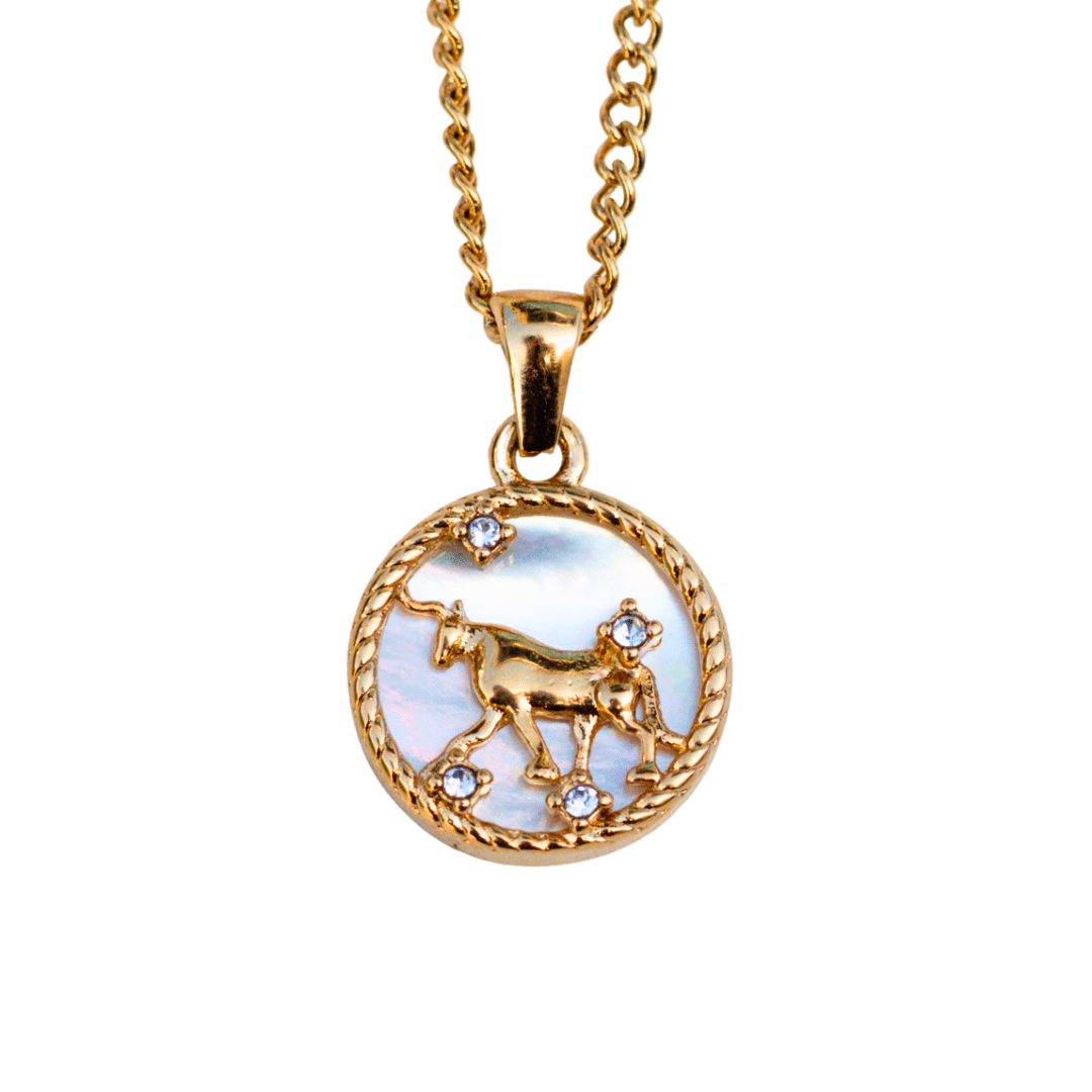 Close-up of a taurus 18k gold zodiac necklace pendant on a delicate chain, representing a personalized astrological sign - MaeMae Jewelry