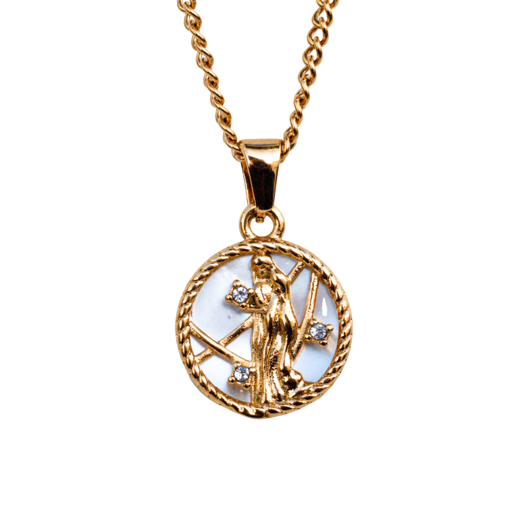 Close-up of a Virgo 18k gold zodiac necklace pendant on a delicate chain, representing a personalized astrological sign - MaeMae Jewelry
