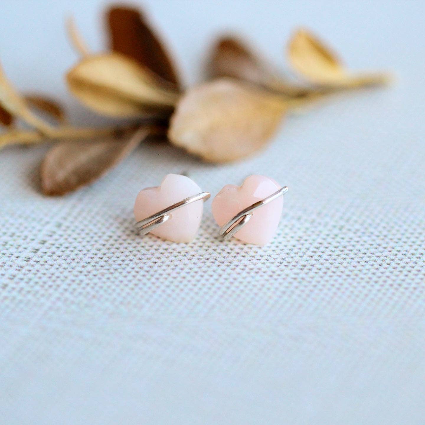 Heart Studs - Pink Opal: 14k Gold Fill Dainty