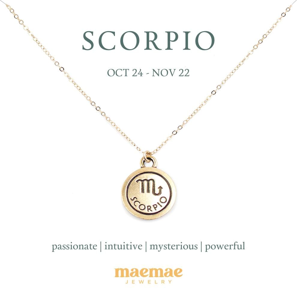 Zodiac Double-Sided Charm Necklace Dainty Necklace Scorpio / 14k Gold Filled / 18" MaeMae Jewelry | Zodiac Necklaces | MaeMae Jewelry astrology collection