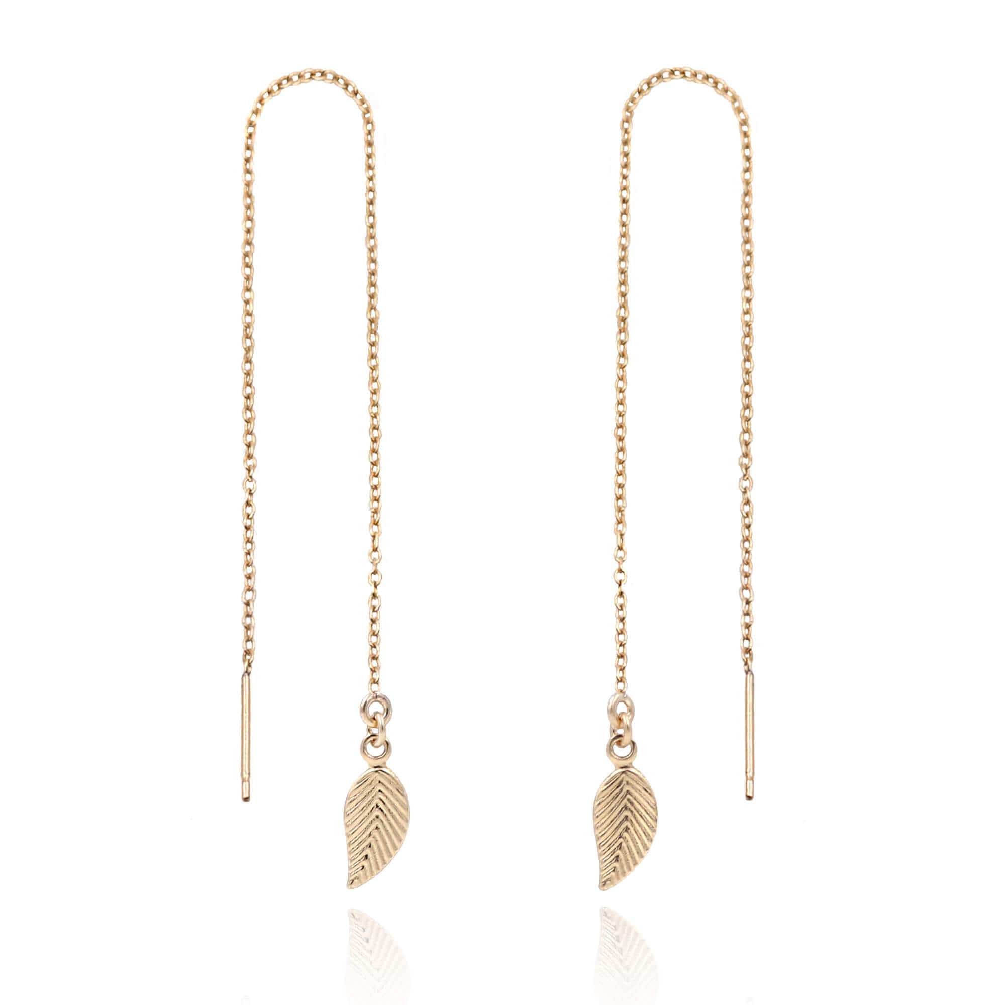 Leaf Threader Earrings Dainty 14k Gold Filled MaeMae Jewelry | Ear Threaders | Leaf Chain Earrings | Gold or Silver