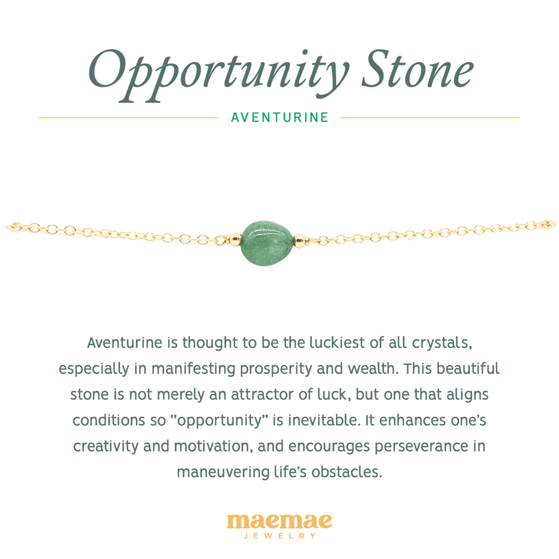 MaeMae Jewelry aventurine opportunity manifest collection stone gold filled bracelet on affirmation card