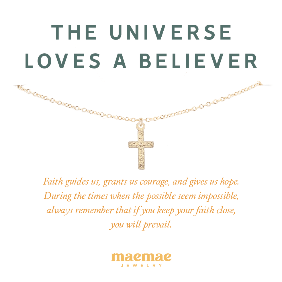 MaeMae Jewelry the universe loves a believer gold cross and chain bracelet on affirmation card