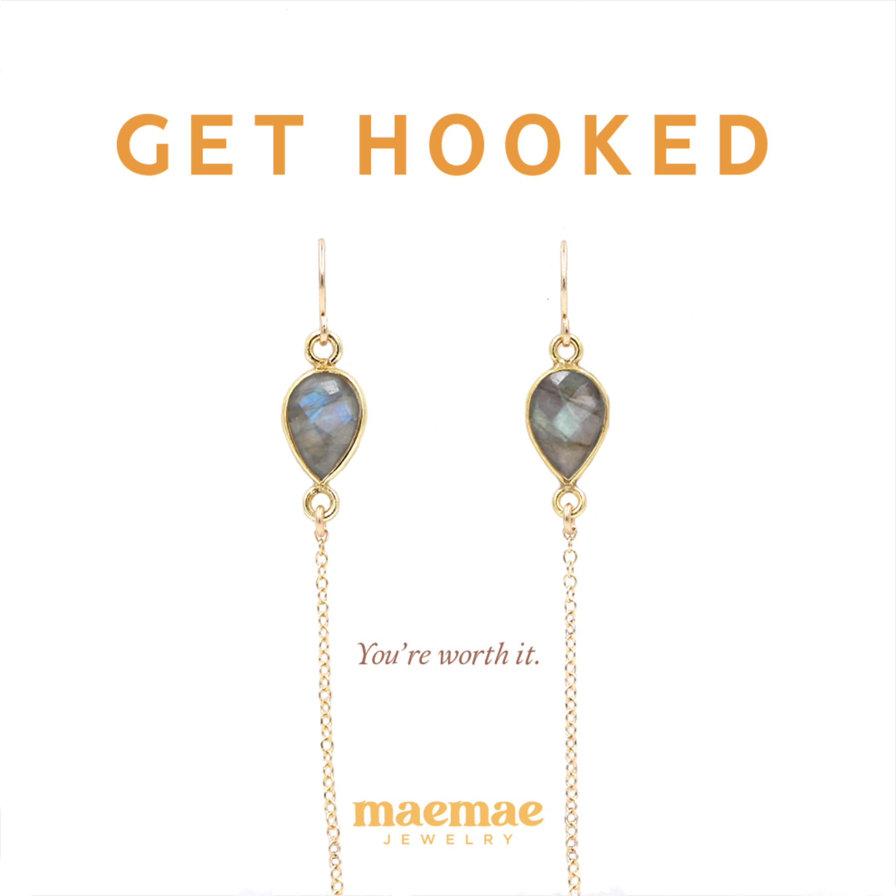 MaeMae Jewelry get hooked gold dangle earring labradorite crystal on card