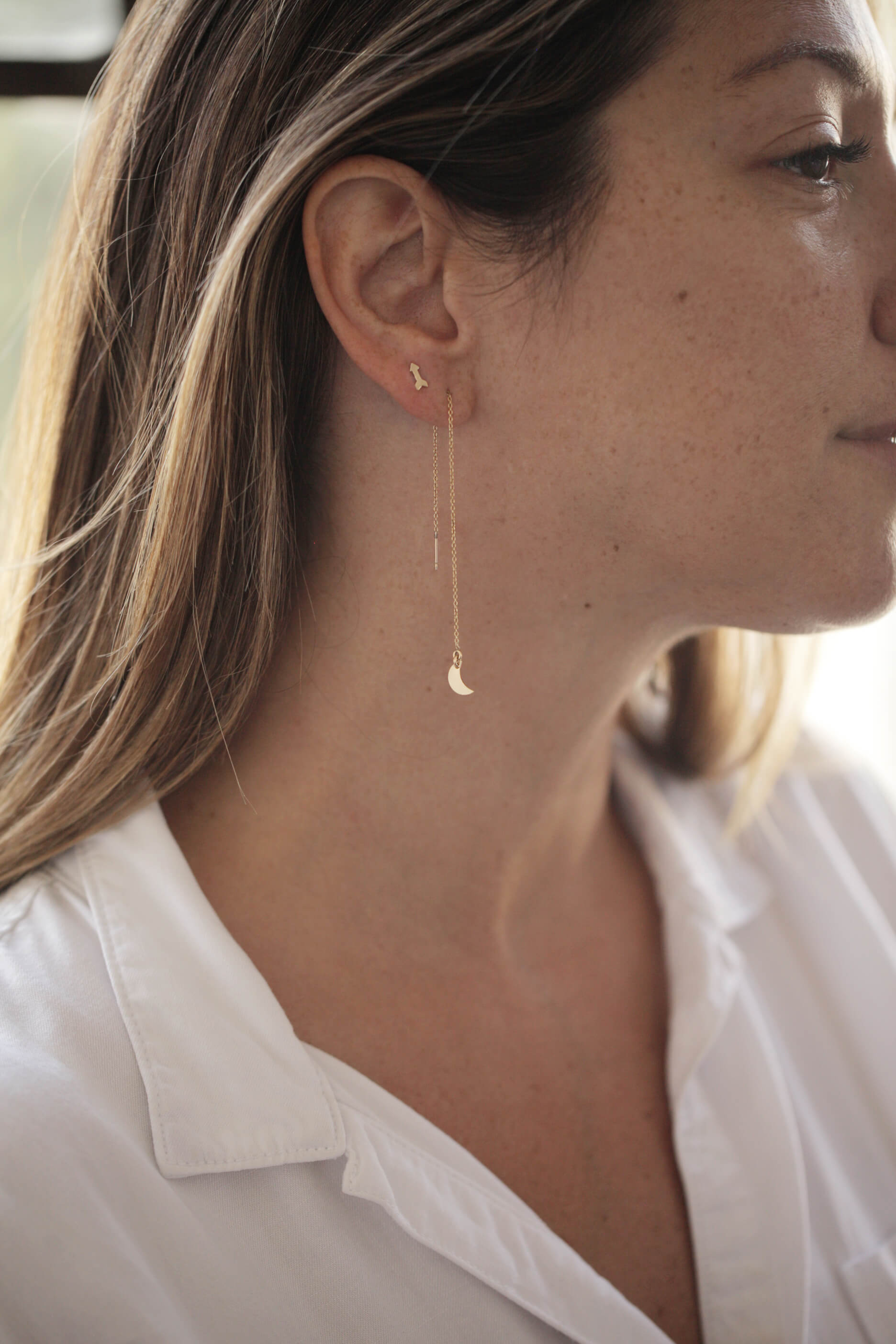 Crescent Moon Threader Earrings Dainty Earrings MaeMae Jewelry | Ear Threaders | Long Crescent Moon Chain Earrings