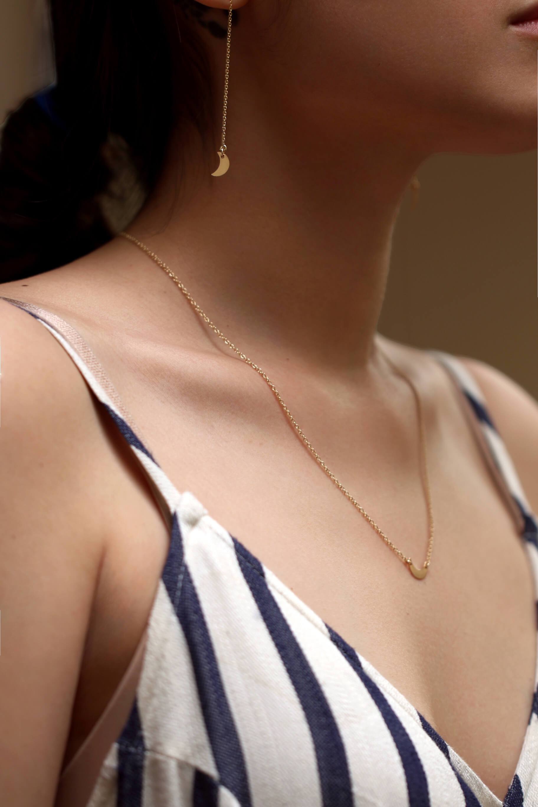 Crescent Moon Threader Earrings Dainty Earrings MaeMae Jewelry | Ear Threaders | Long Crescent Moon Chain Earrings