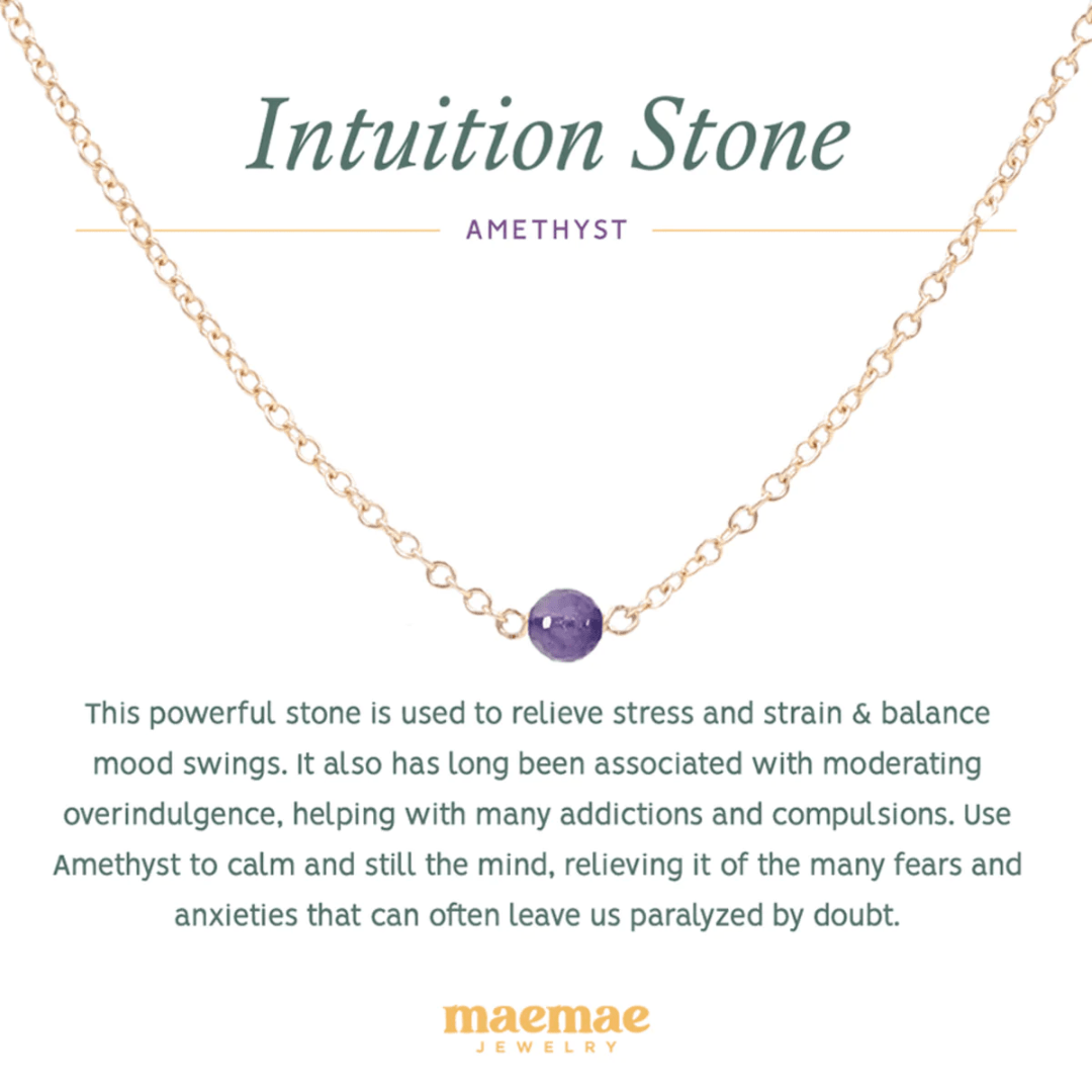 Crystal Amethyst Intuition Necklace. This powerful stone is used to relieve stress and strain & balance mood swings. It also has long been associated with moderating overindulgence, helping with many addictions and compulsions. Use Amethyst to calm and still the mind, relieving it of the many fears and anxieties that can often leave us paralyzed by doubt. Wear alone to amplify your intuition or stack with our pieces to create a personal intention