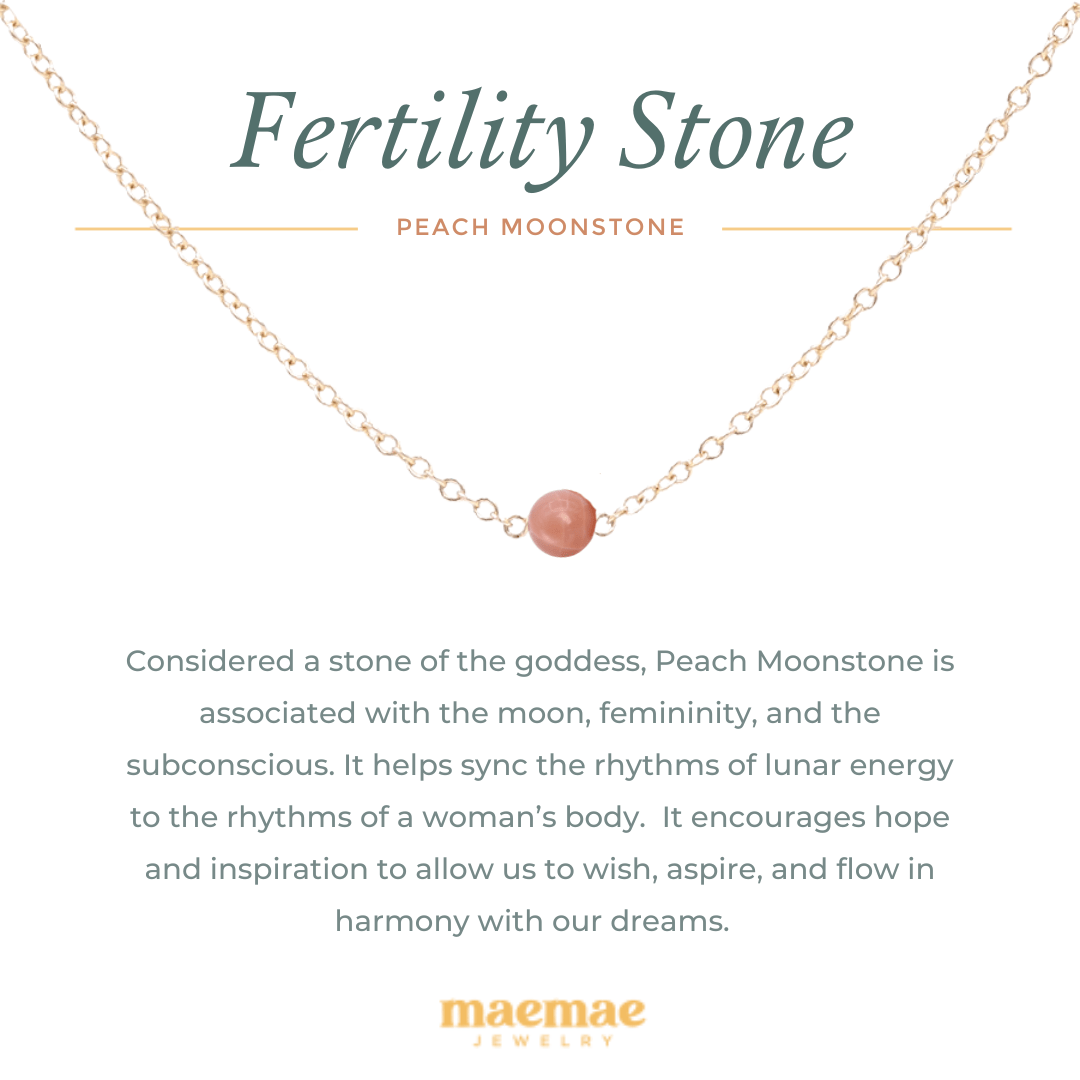 Crystal Peach Moonstone Fertility Necklace. Considered a stone of the goddess, peach moonstone is associated with the moon, femininity, and the subconscious. It helps sync the rhythms of lunar energy to the rhythms of a womans body. It encourages hope and inspiration to allow us to wish, aspire, and flow in harmony with our dreams. Wear alone everyday to harness the power of the moon or stack with our pieces to create a personal intention