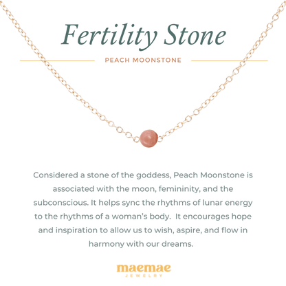 Crystal Peach Moonstone Fertility Necklace. Considered a stone of the goddess, peach moonstone is associated with the moon, femininity, and the subconscious. It helps sync the rhythms of lunar energy to the rhythms of a womans body. It encourages hope and inspiration to allow us to wish, aspire, and flow in harmony with our dreams. Wear alone everyday to harness the power of the moon or stack with our pieces to create a personal intention 