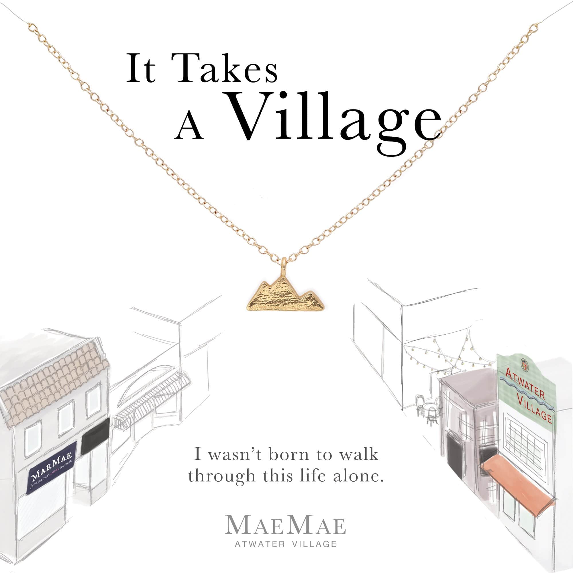 Vermeil mountain charm on 14k gold filled cable chain necklace on illustrated card - MaeMae Jewelry