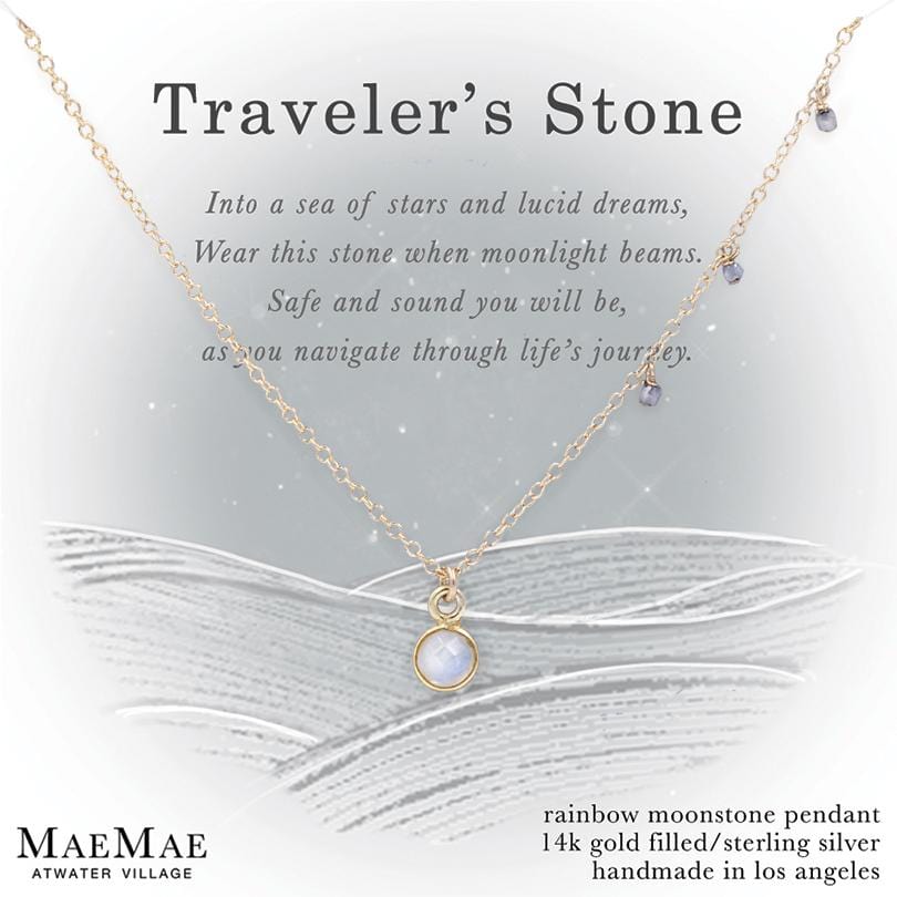 Moonstone Traveler's Stone Gold Necklace on Display Affirmation Card