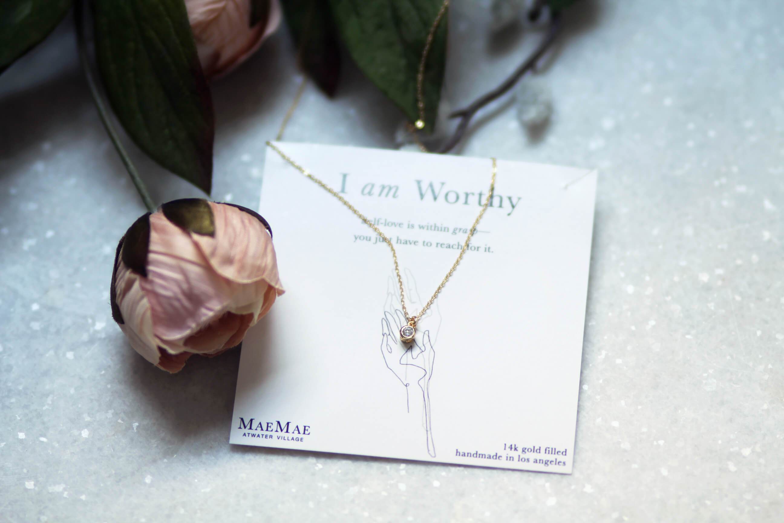 I am Worthy Necklace Dainty Necklace 14k Gold Filled MaeMae Jewelry | "I am Worthy" Affirmation Necklace | Dainty Gold CZ