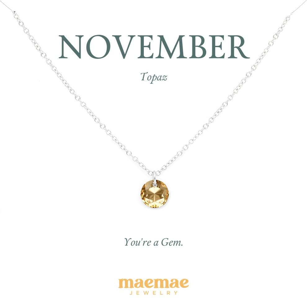 Birthstone Necklace - Crystal Pendant Dainty Necklace 16"-18" (standard) / November - Topaz / Sterling Silver MaeMae Birthstone Necklace - Crystal Pendant is a Swarovski Crystal on a Dainty Gold or Silver Necklace.