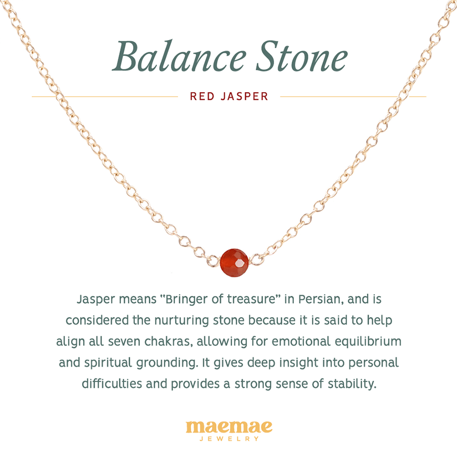 MaeMae Jewelry Balance stone red jasper gold necklace on affirmation card