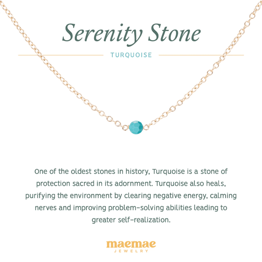 Crystal Turquoise Serenity Necklace. One of the oldest stones in history, Turquoise is a stone of protection sacred in its adornment. Turquoise also heals, purifying the environment by clearing negative energy, calming nerves and improving problem-solving abilities leading to greater self-realization. Wear alone everyday to welcome in happiness and healing or stack with our pieces to create a personal intention