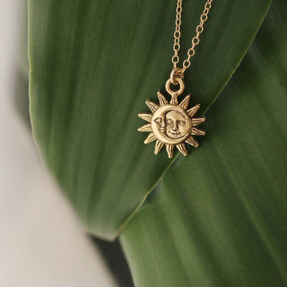 Detailed view of 14k Gold Filled Light After Dark Necklace with Gold Sun Moon Charm.