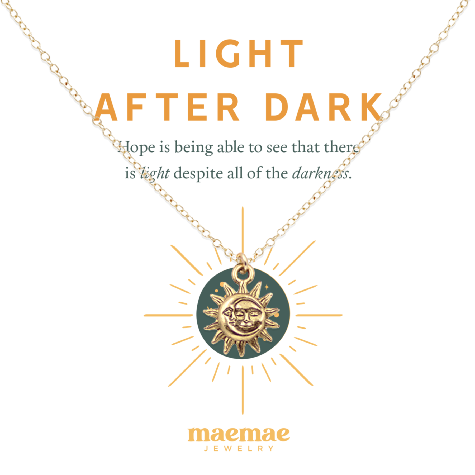 MaeMae Jewelry Light After Dark sun and moon charm gold chain necklace on affirmation card