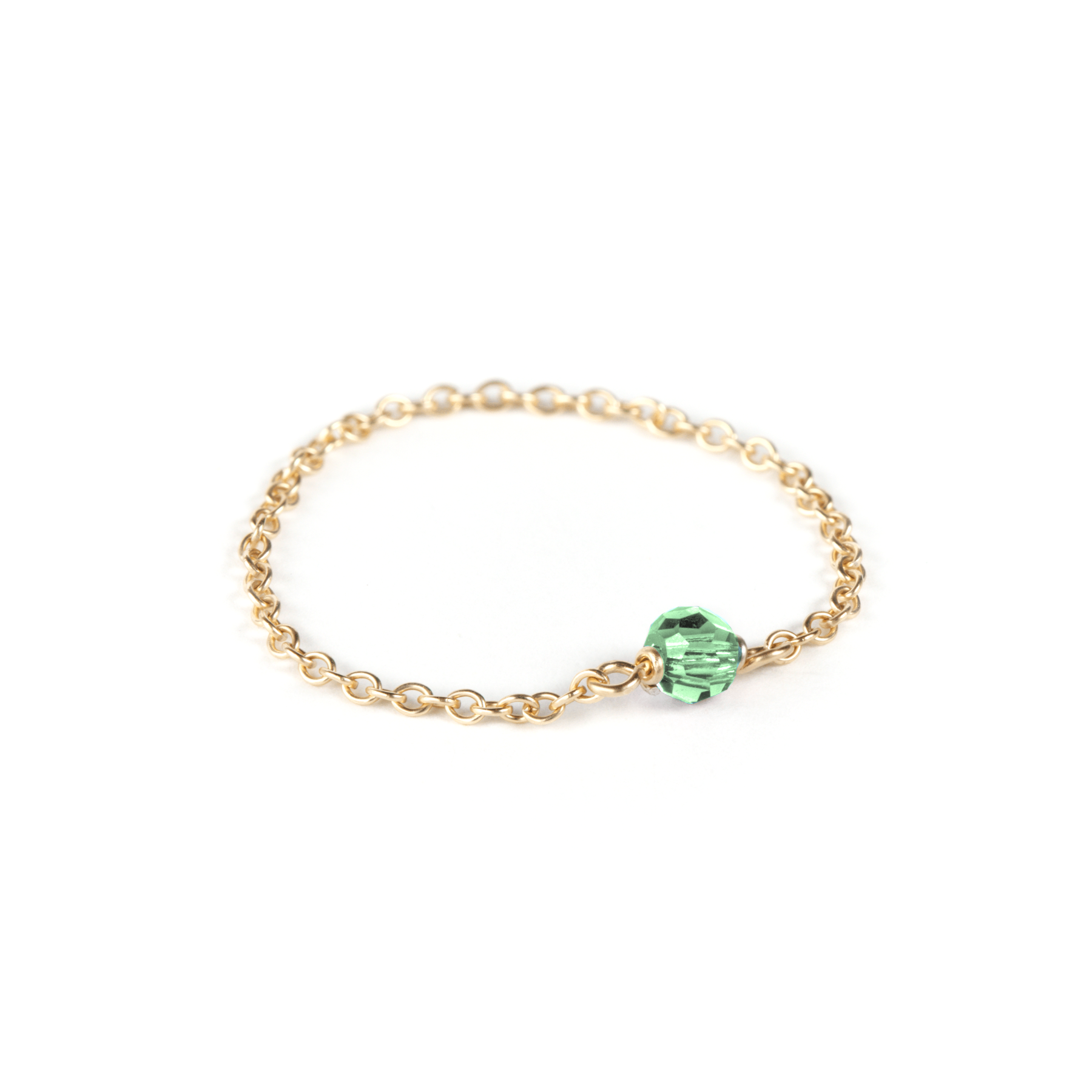 peridot birthstone gold filled chain ring on white background