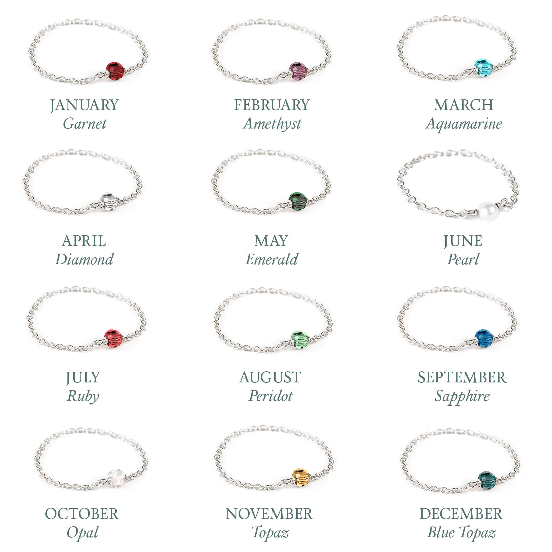 silver birthstone rings together labeled with month and birthtone