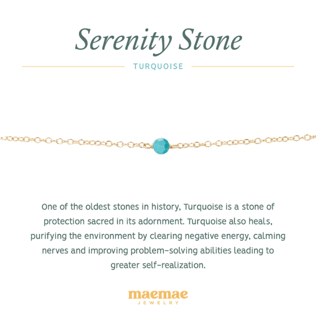 Crystal Turquoise Serenity Bracelet. One of the oldest stones in history, Turquoise is a stone of protection sacred in its adornment. Turquoise also heals, purifying the environment by clearing negative energy, calming nerves and improving problem-solving abilities leading to greater self-realization. Wear alone everyday to welcome in happiness and healing or stack with our pieces to create a personal intention