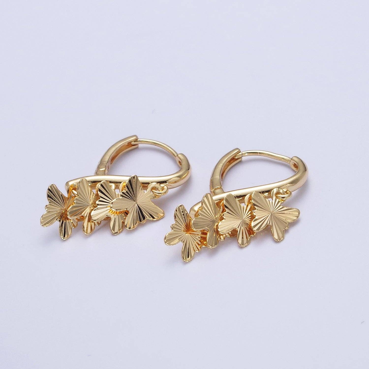 24K Gold Filled Starburst Mariposa Butterfly Dangle on Teardrop Huggie Hoop Earrings T-183