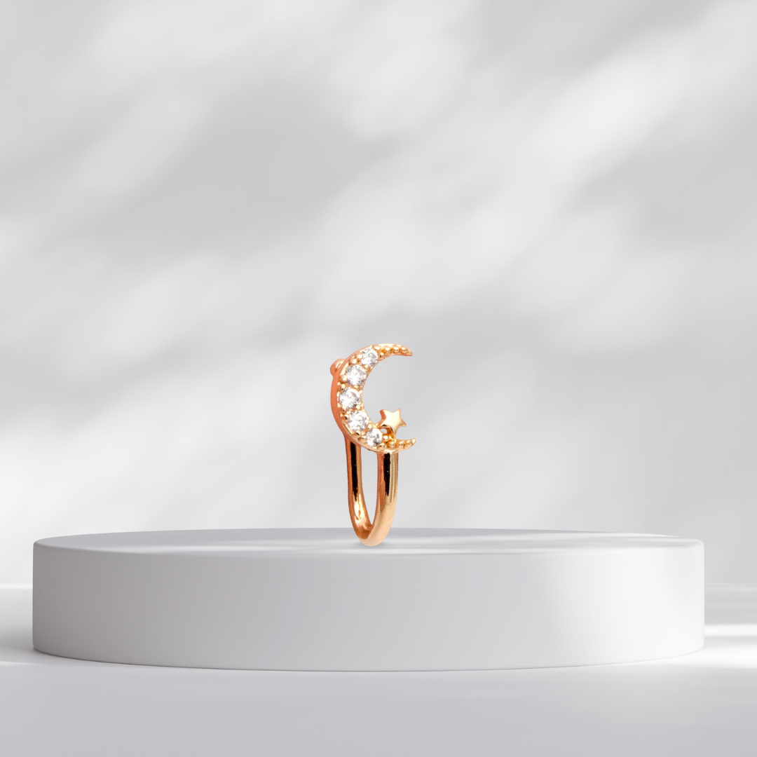 Moon and star Gold nose Cuff on a white platform