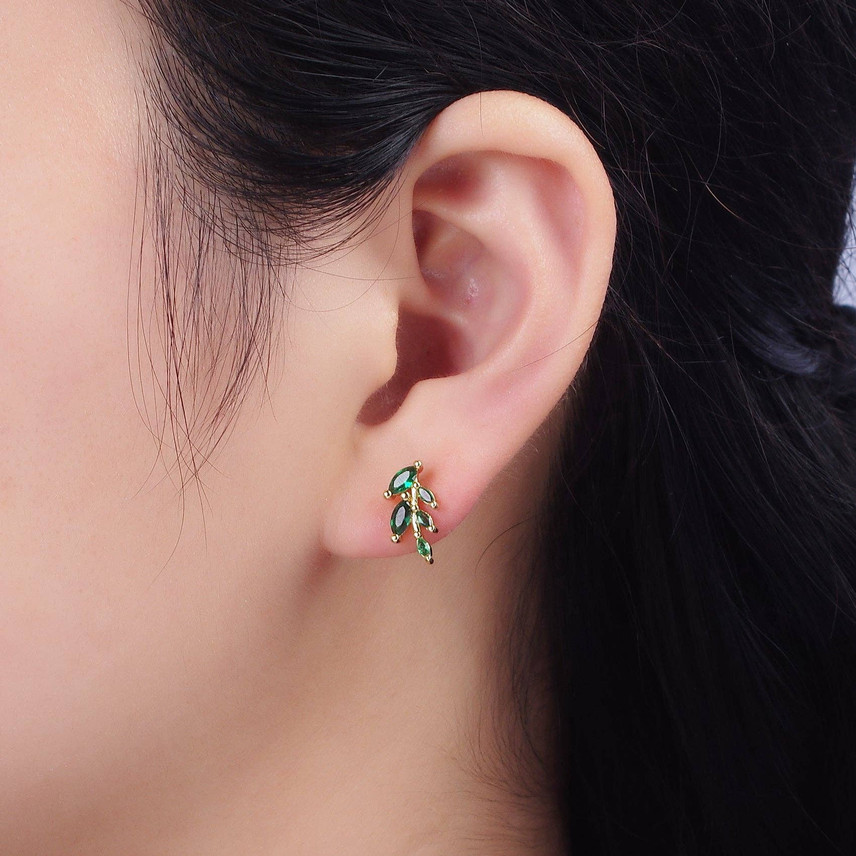 Olive Branch Emerald CZ Stud Earrings Dainty