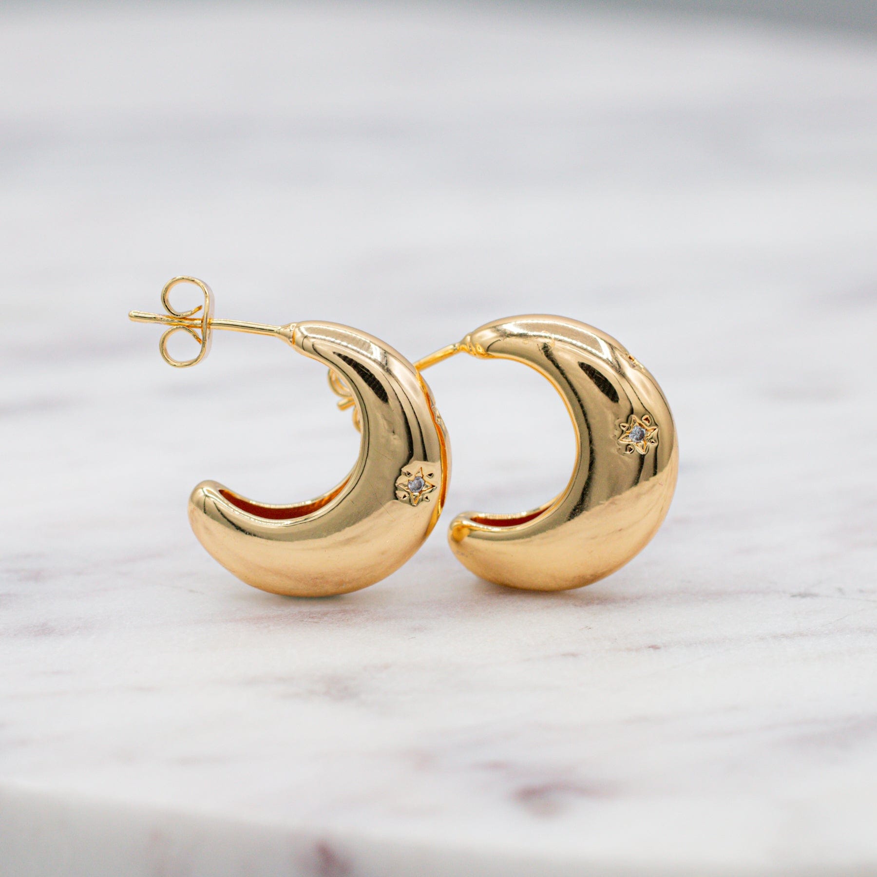 Chunky Crescent Moon with CZ Stars Dainty Earrings