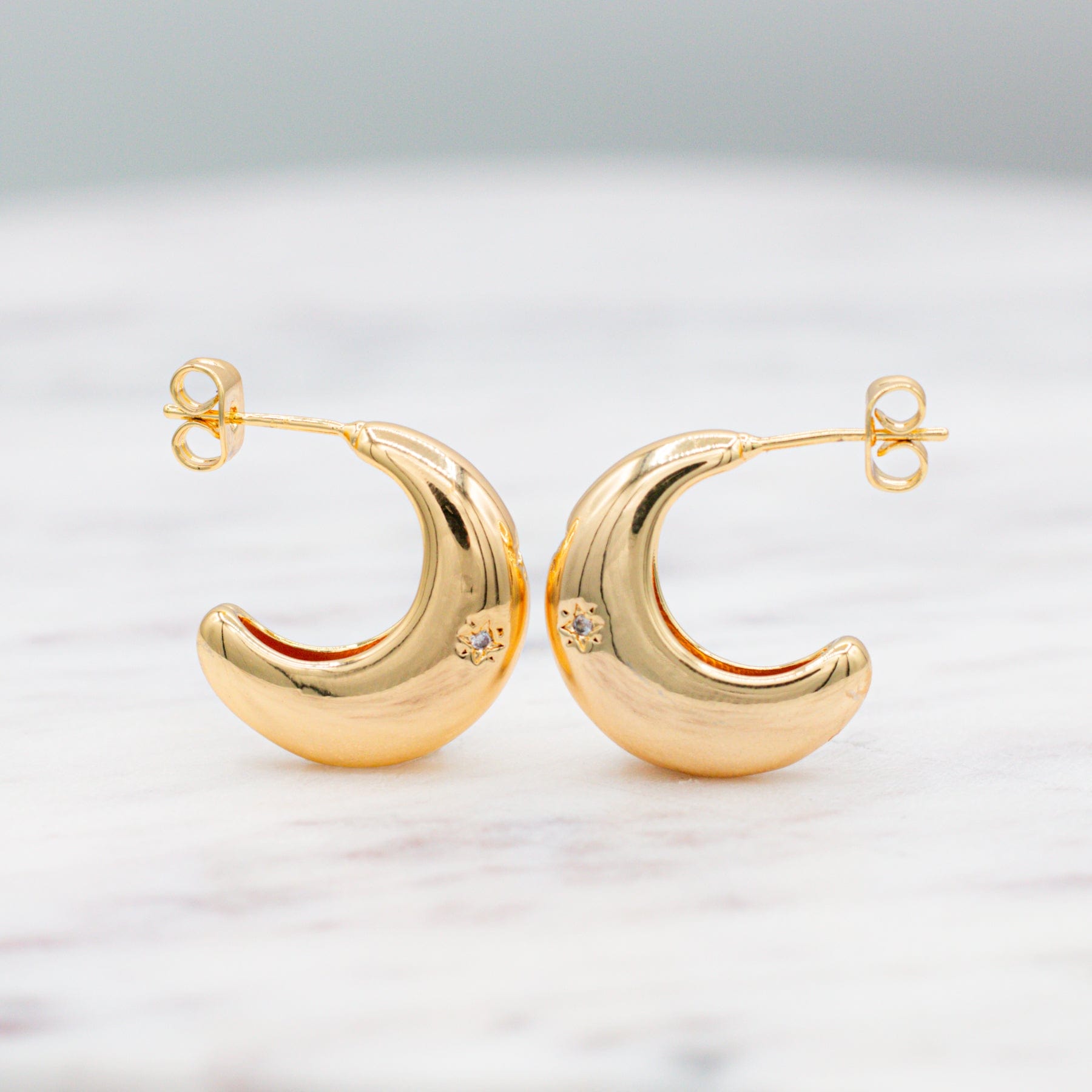 Chunky Crescent Moon with CZ Stars Dainty Earrings