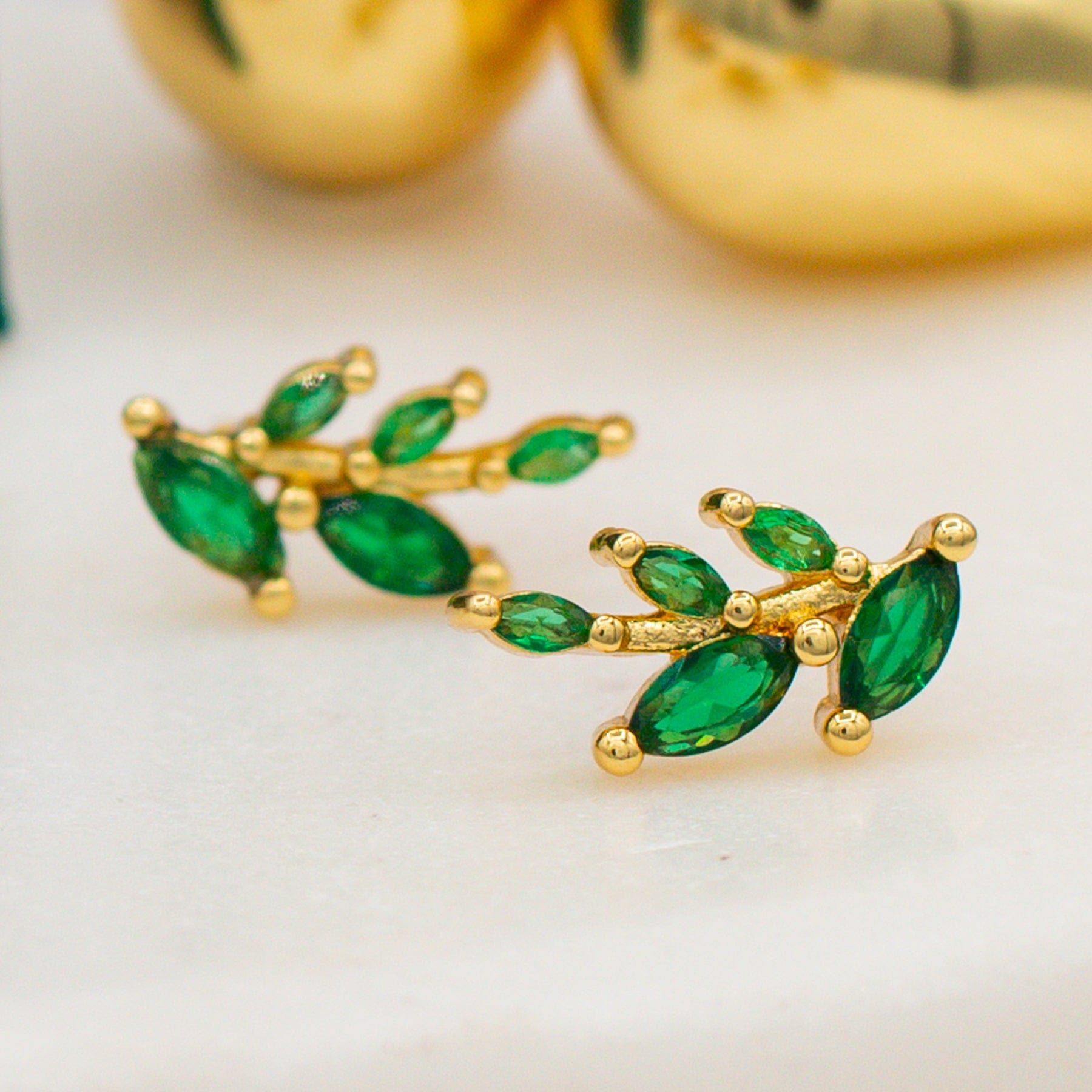 Olive Branch Emerald CZ Studs Dainty Earrings