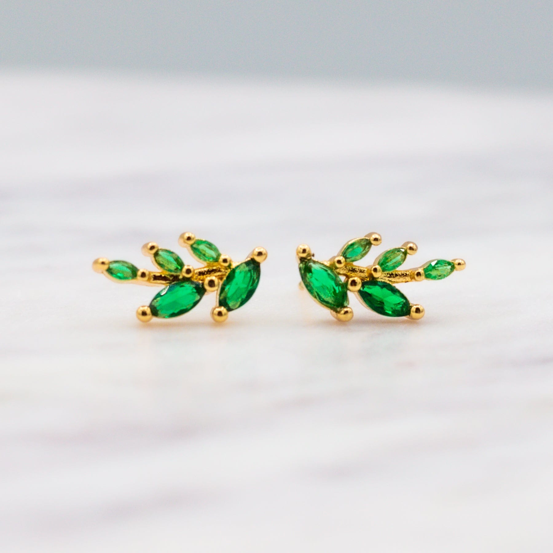 Olive Branch Emerald CZ Studs Dainty Earrings