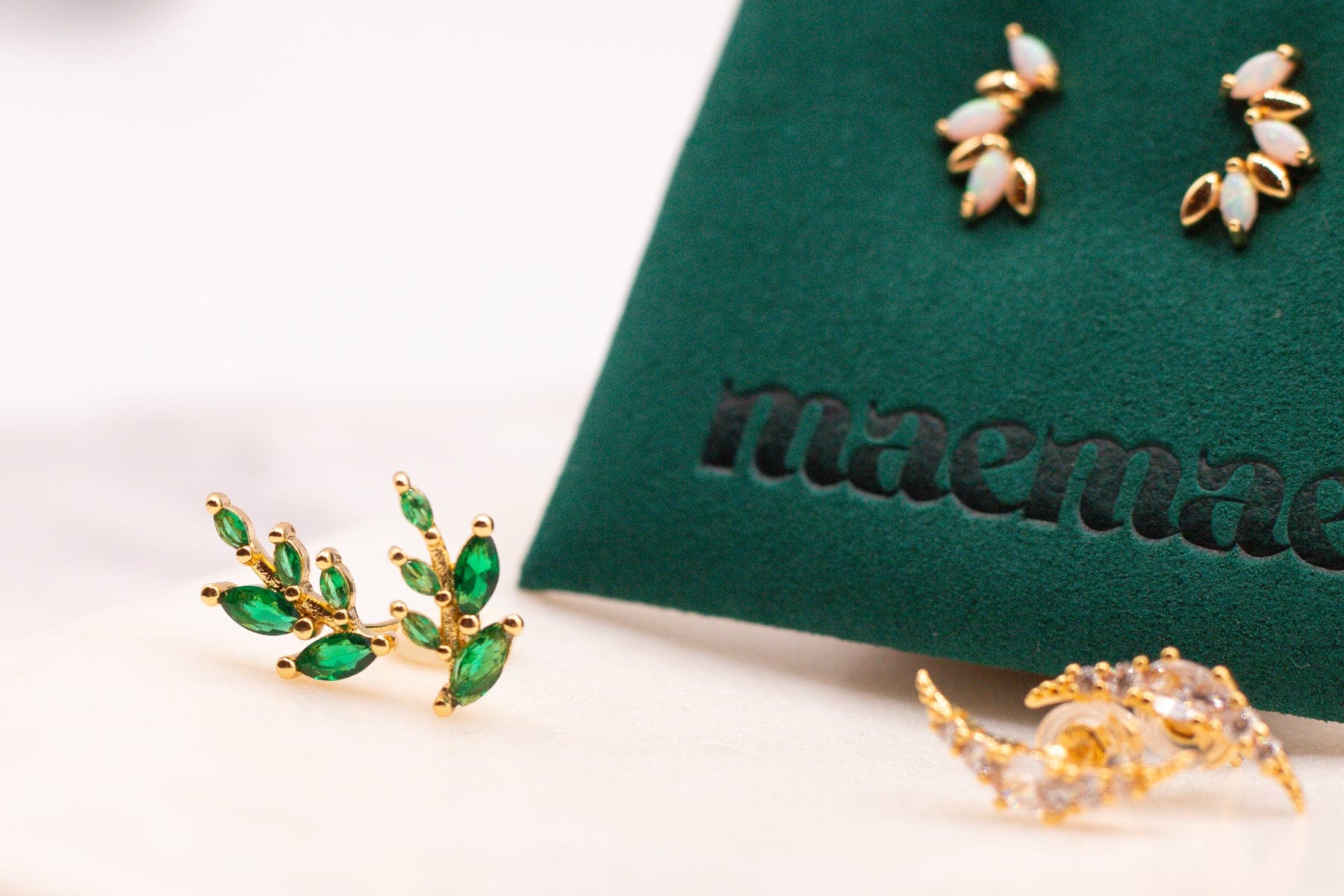 Olive Branch Emerald CZ Studs Dainty Earrings