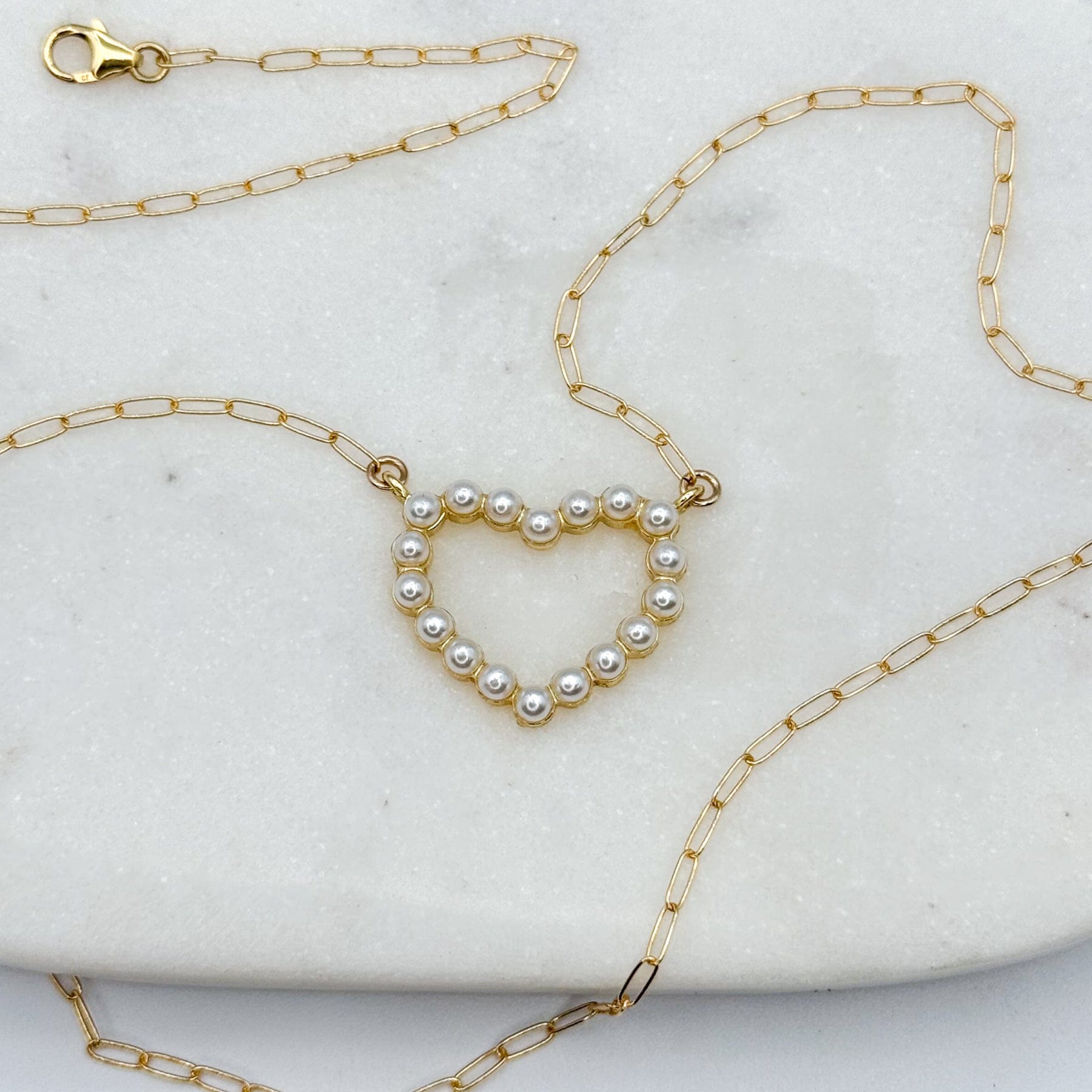 Siren Song Necklace – Heart-Shaped Pearl Pendant with Mini Paperclip Chain Dainty Necklace