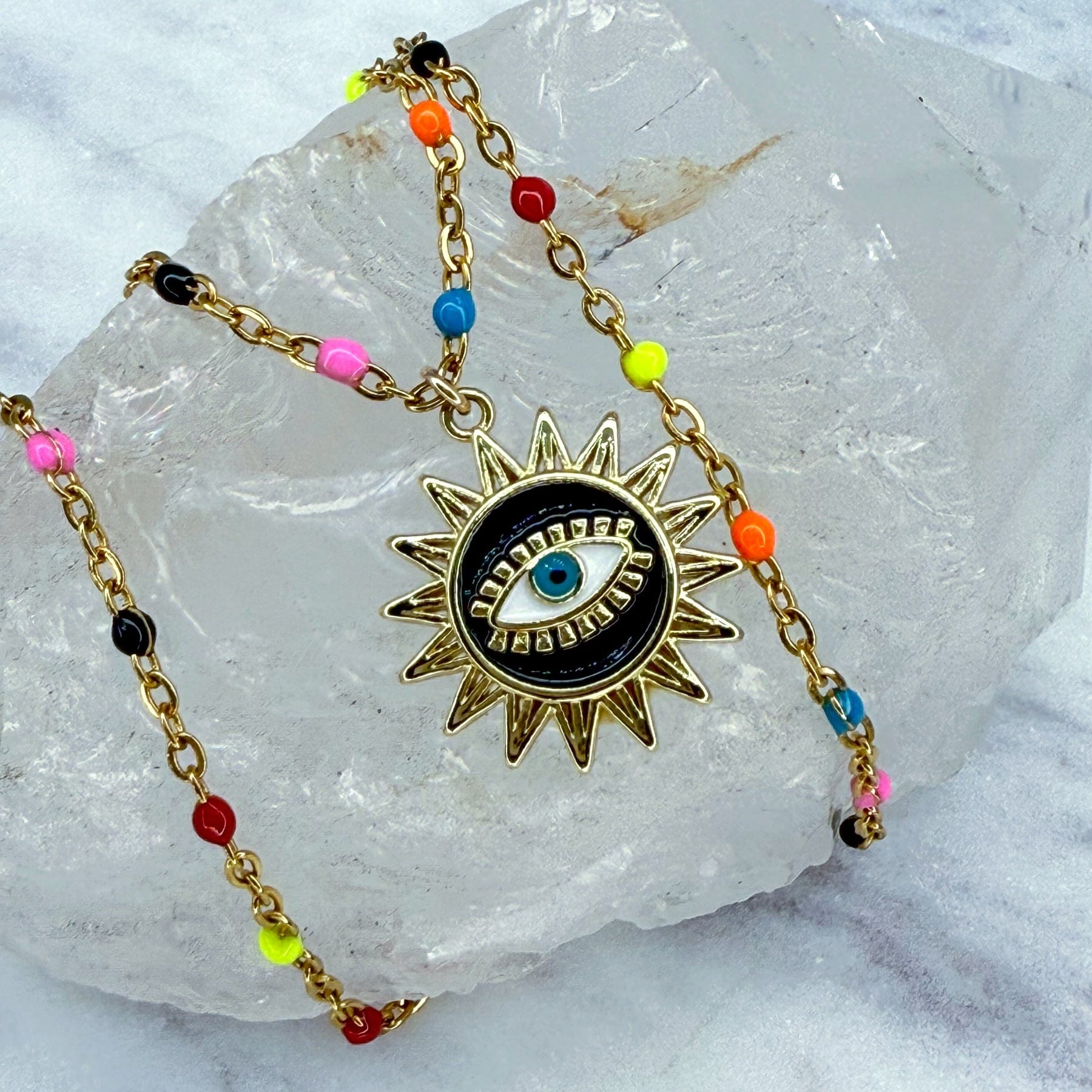 The Universe Necklace – All Seeing Eye Sun Pendant on 14k Gold-Filled Enamel Chain Dainty Necklace