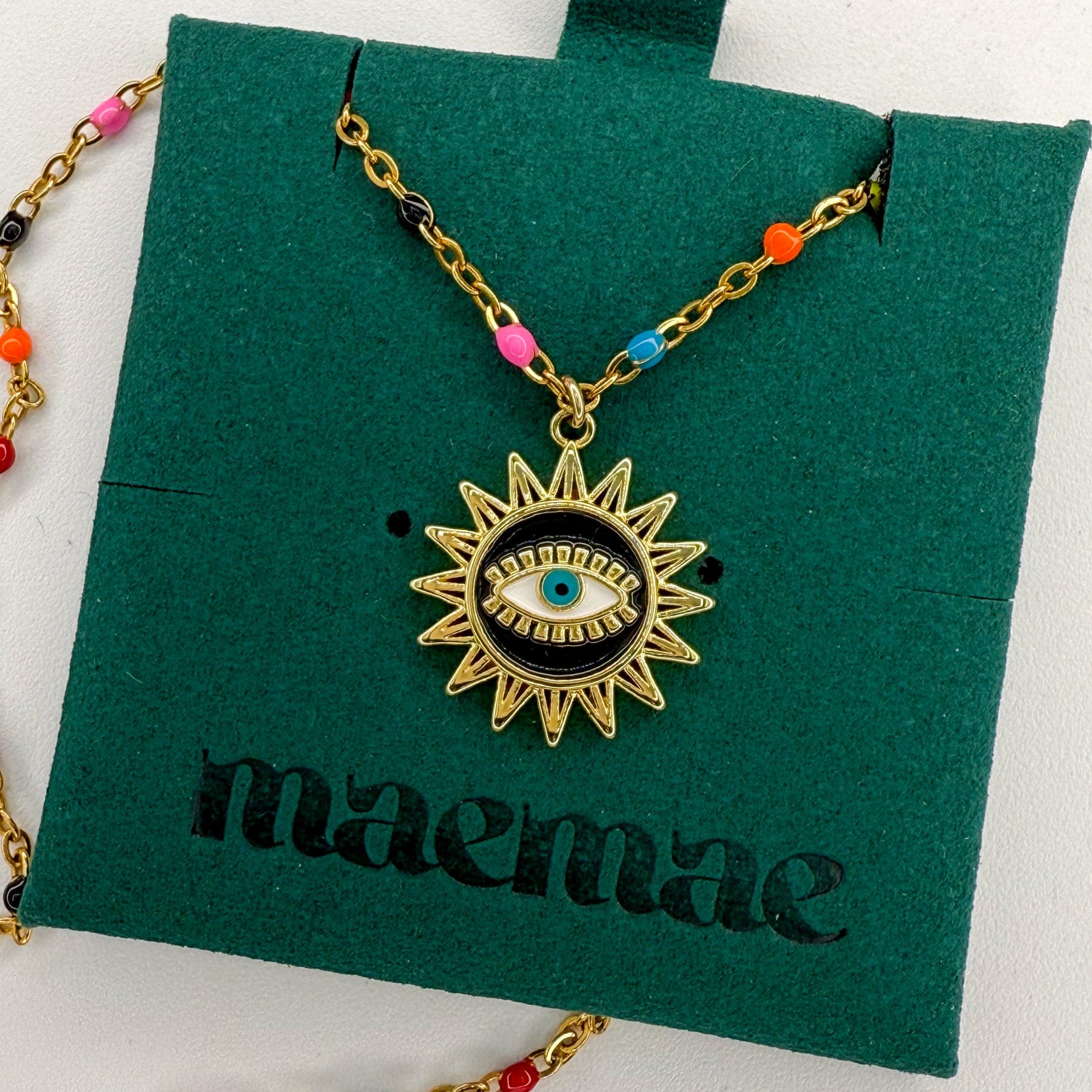 The Universe Necklace – All Seeing Eye Sun Pendant on 14k Gold-Filled Enamel Chain Dainty Necklace