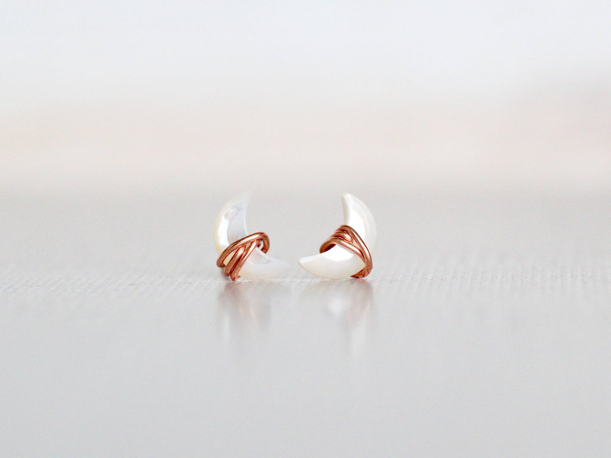 Mini Moonbeam Studs - Mother of Pearl Dainty 14k Rose Gold Fill