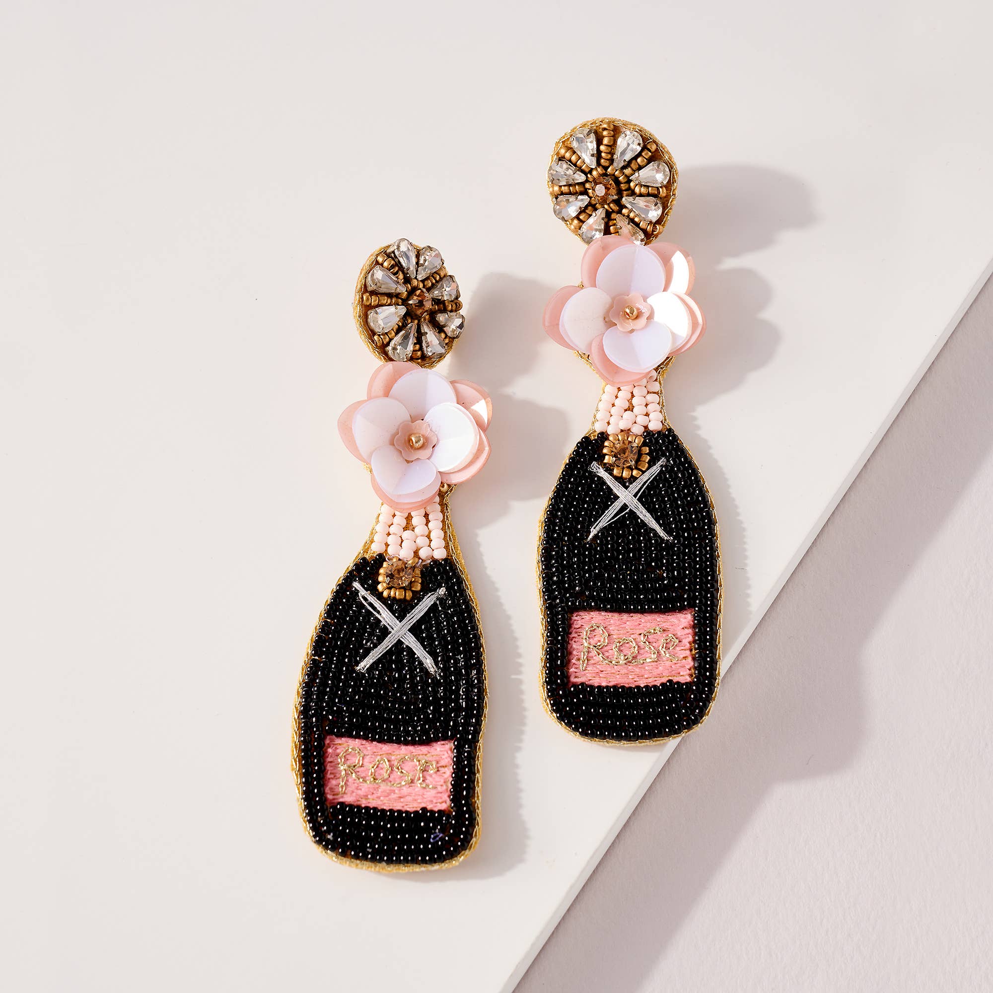 Rose Champagne Bottle Seed Beaded Earrings Dainty