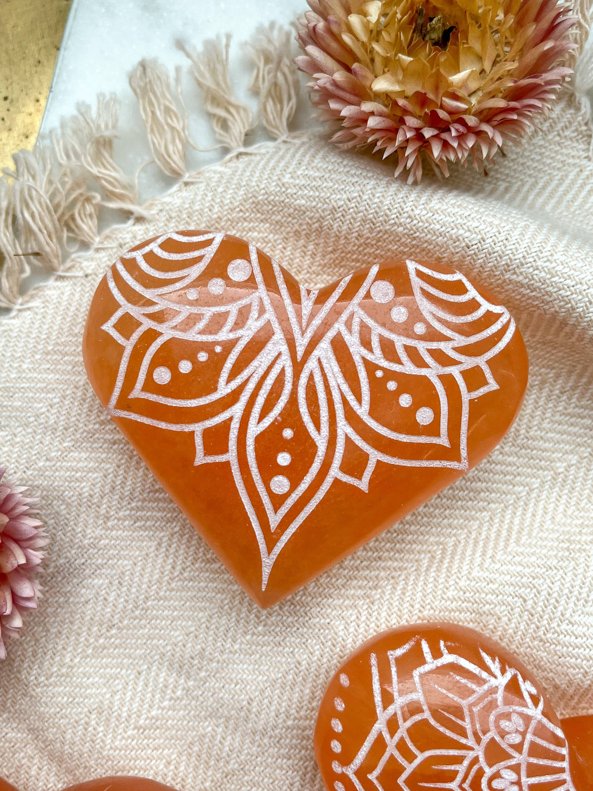 Valentine's Day Engraved Peach Selenite Heart Shaped Crystal Dainty Large (~2.75") / Lotus Belle