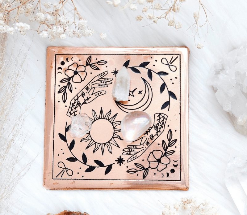 Copper Crystal Charging Plate - Sun, Moon, Plant Design Dainty