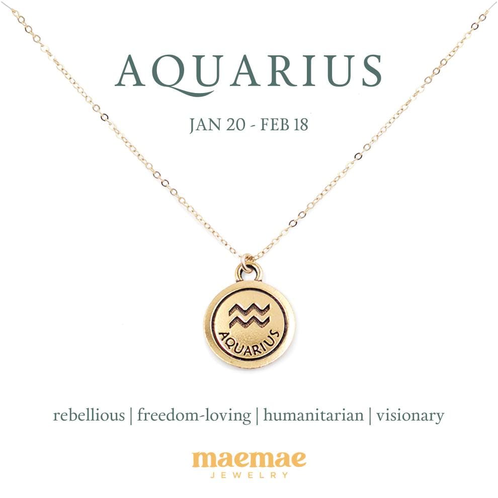 Zodiac Double-Sided Charm Necklace Dainty Necklace Aquarius / 14k Gold Filled / 18" MaeMae Jewelry | Zodiac Necklaces | MaeMae Jewelry astrology collection