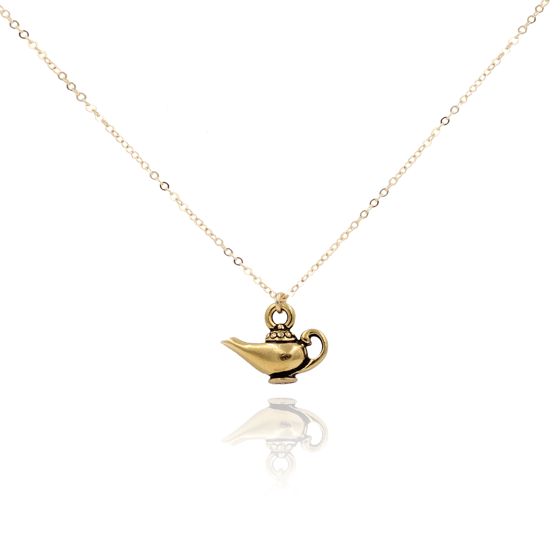 The Great gold filled necklace and genie lamp charm on white background