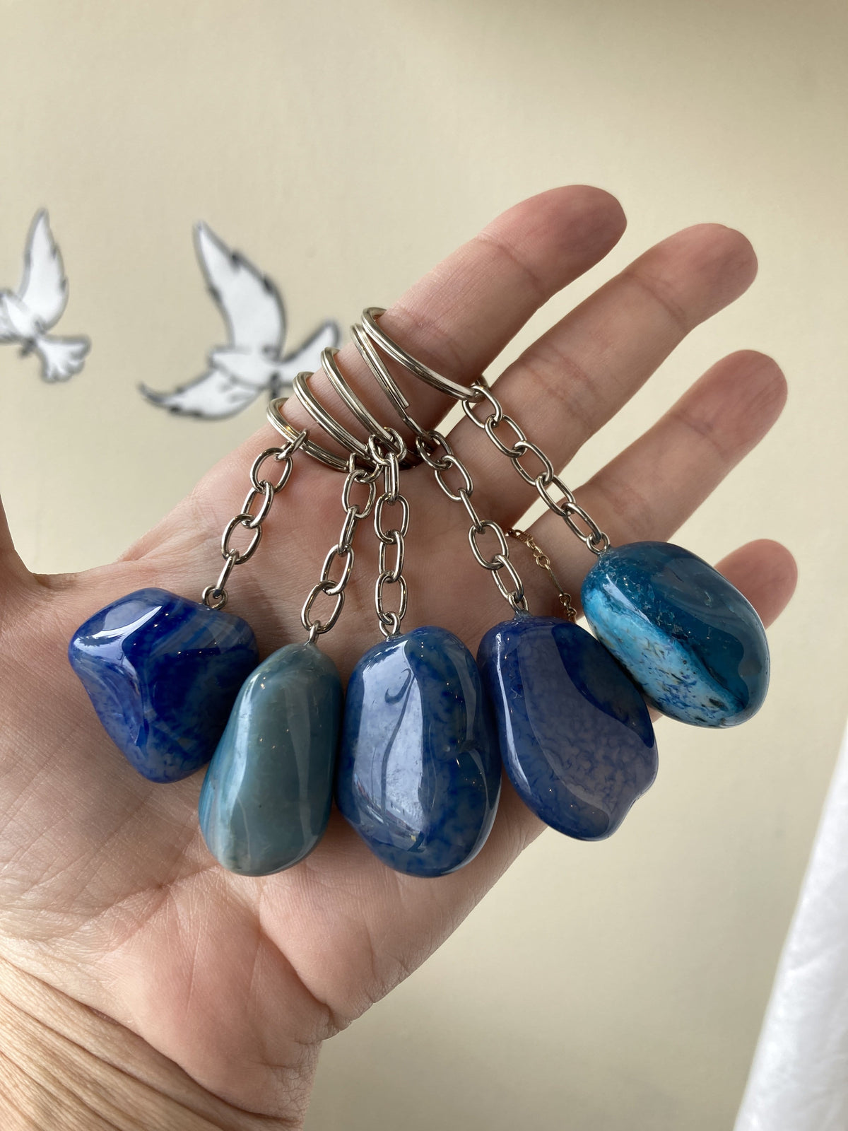 Polished Stone Crystal Keychain Dainty Accessories Blue Agate Natural Stone | Tumbled Stone | Worry Stone Crystal Keychains