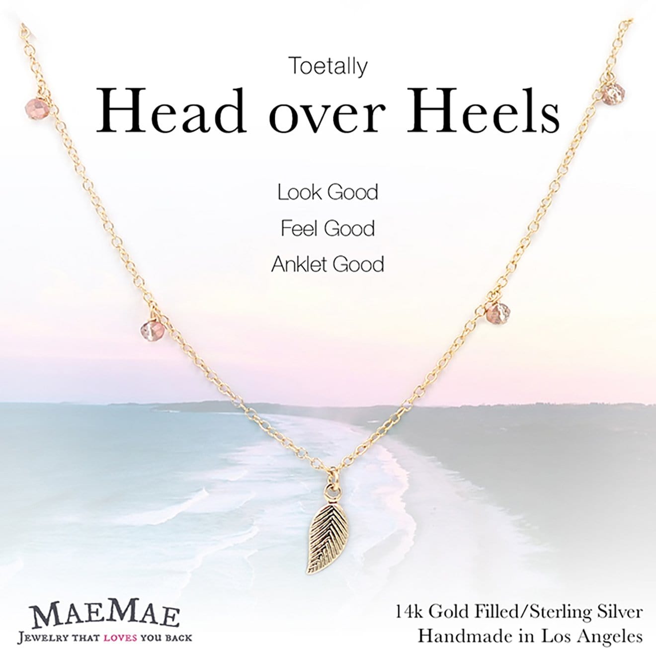 Dainty Leaf Anklet with Pink Crystal Dangles Dainty Anklets 14k Gold Filled MaeMae Jewelry | Dainty Leaf Anklet | Leaf Charm and Peach Crystals